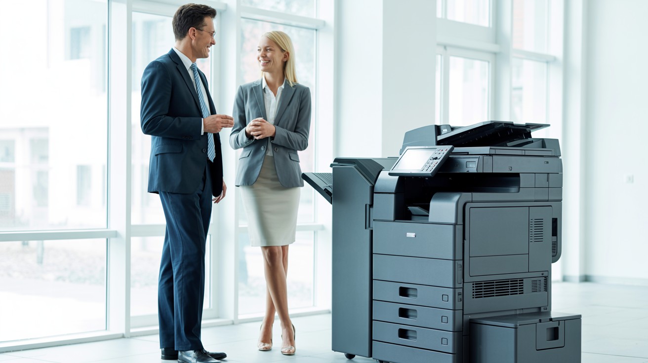 Business professionals discussing copier options in modern office